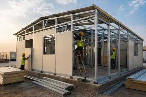 Workers assembling light gauge steel framing and sandwich panels on a prefab cabin at sunset