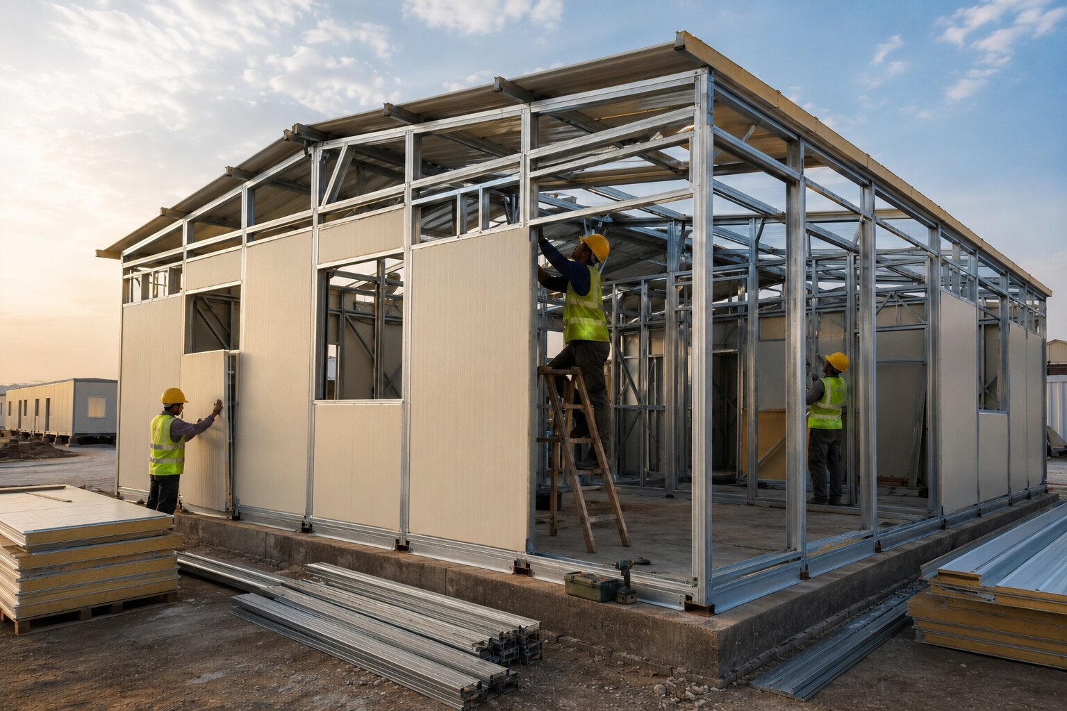Workers assembling light gauge steel framing and sandwich panels on a prefab cabin