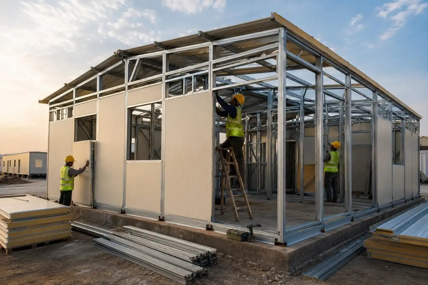 Workers assembling light gauge steel framing and sandwich panels on a prefab cabin at sunset