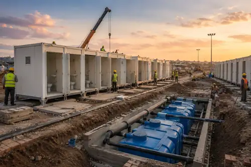 Modular sanitation blocks and underground bio-toilet tanks under installation at sunset