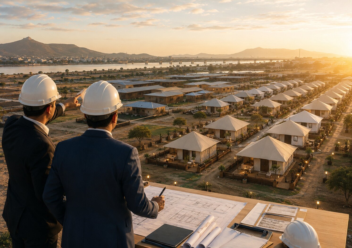 Engineers reviewing site plans overlooking the Nashik Kumbh 2027 luxury tent city development at sunset