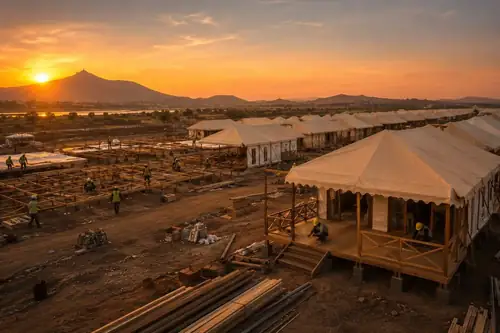 Nashik Kumbh Mela 2027 tent city construction site at sunset with workers building tent platforms