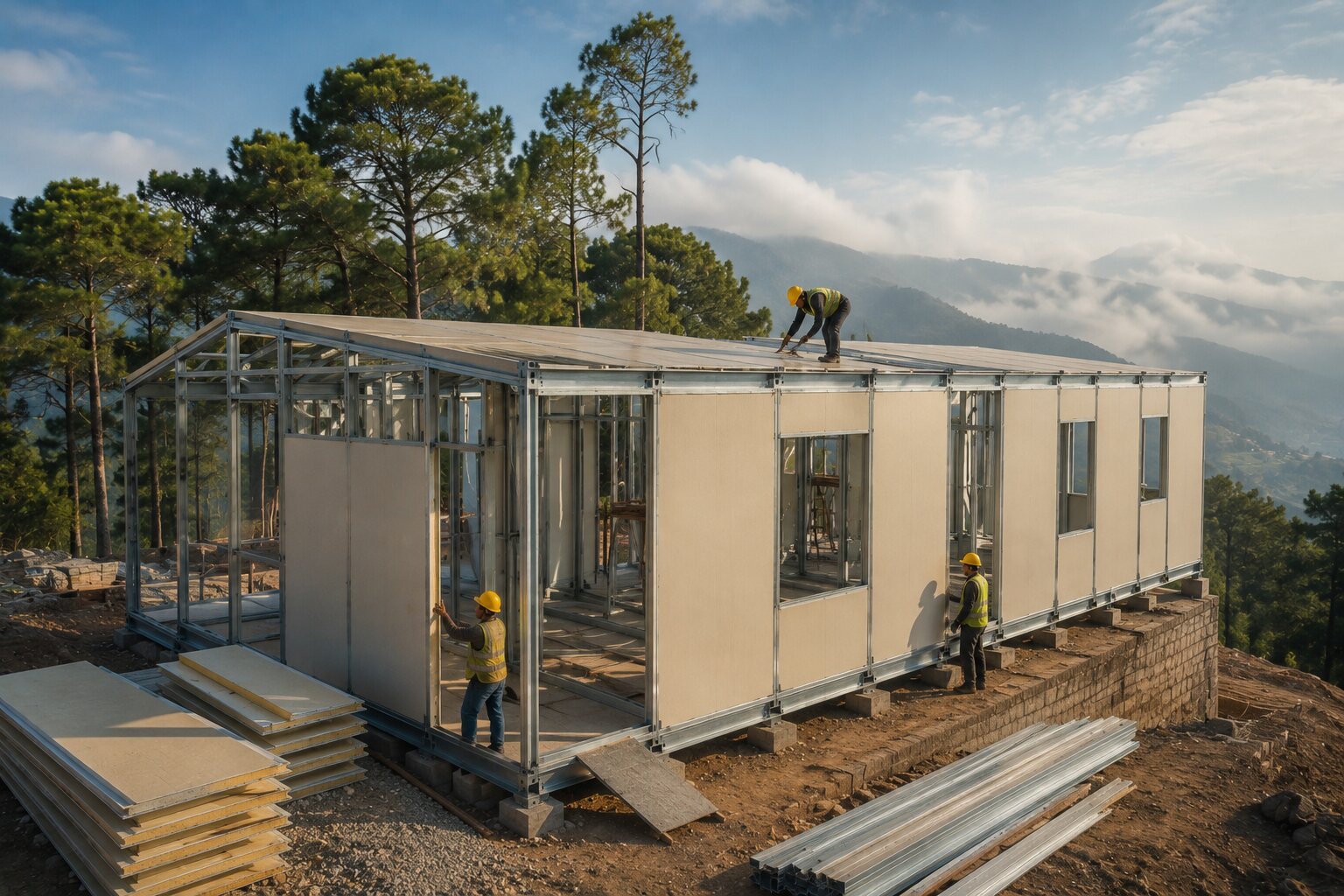 Steel frame and sandwich panel prefab structure under construction on a forested hillside