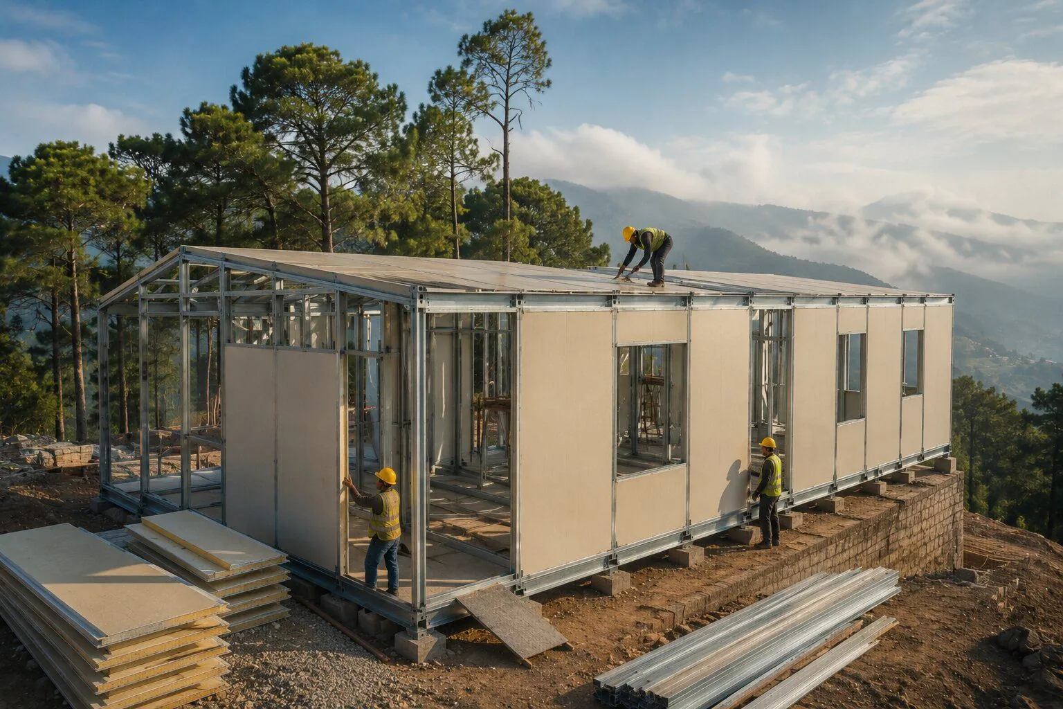 Steel frame and sandwich panel prefab structure under construction on a forested hillside