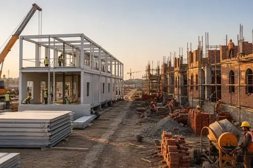 Prefabricated steel structure being erected beside traditional brick construction at sunrise