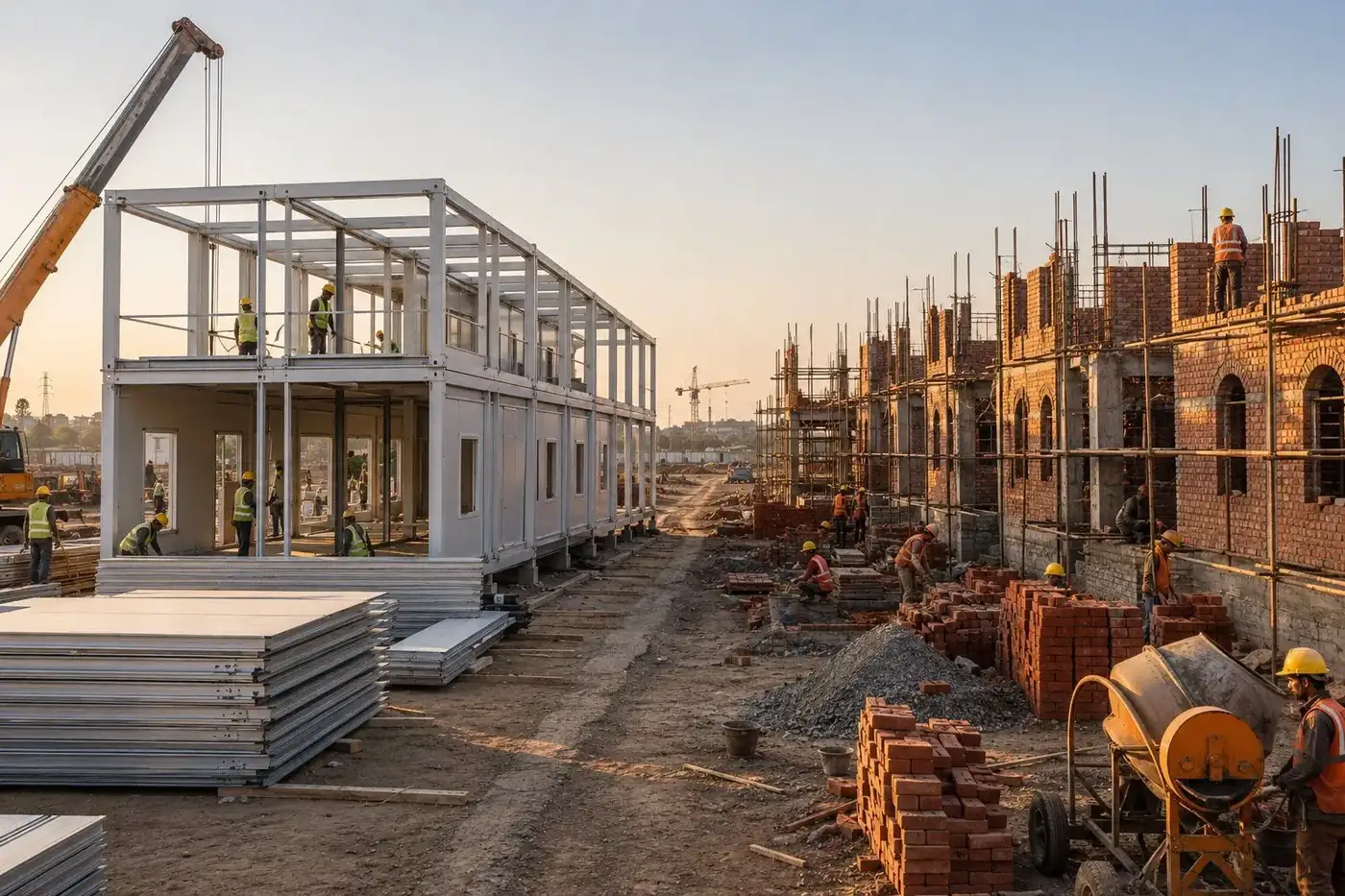 Prefabricated steel structure being erected beside traditional brick construction at sunrise