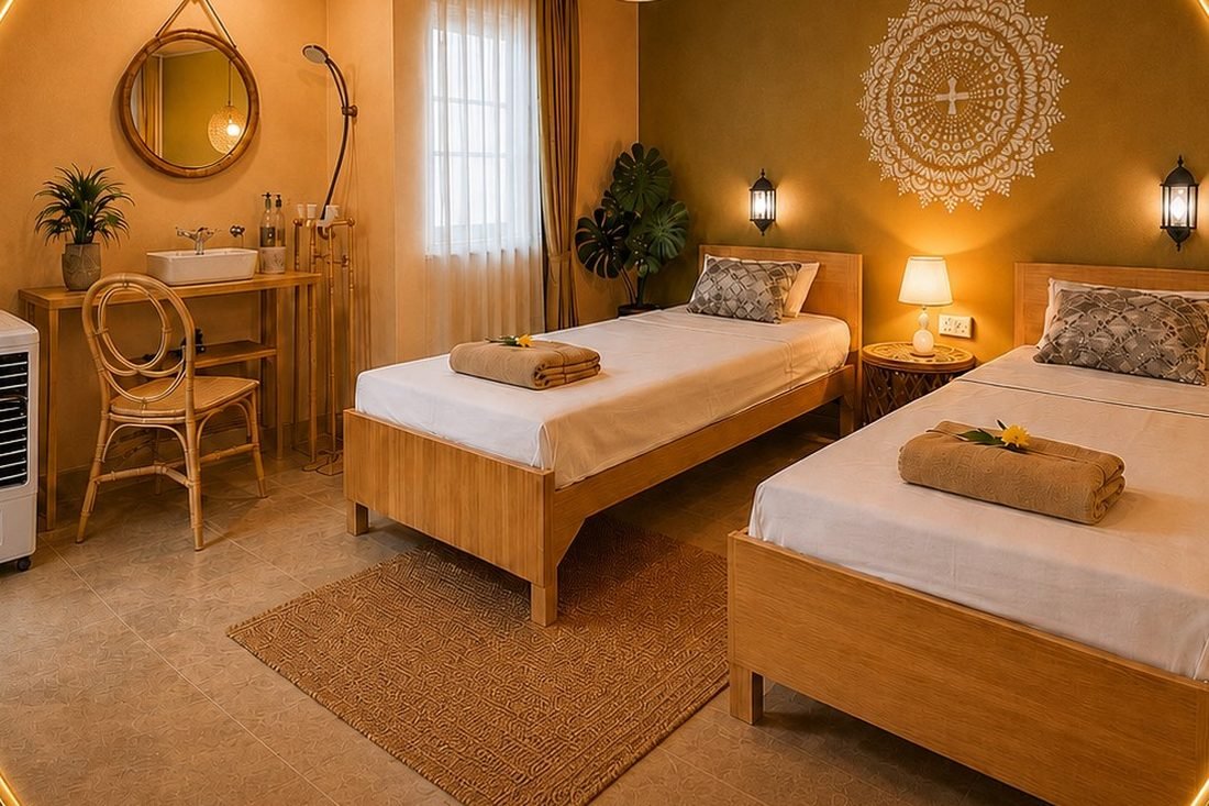 Guest room interior with mustard comforter bedding, patterned carpet, and framed wall art