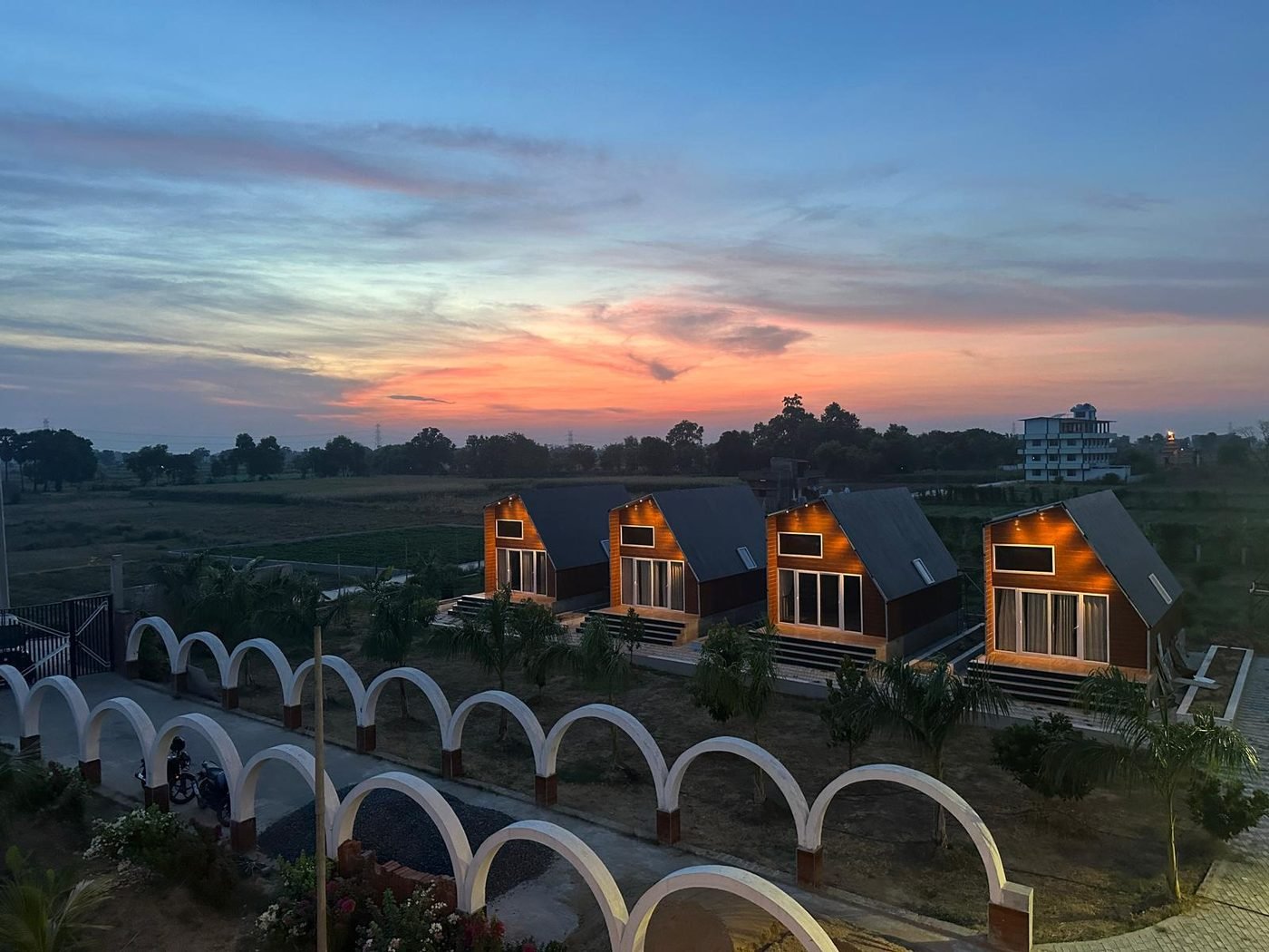 Kanak Infra Hospitality luxury tent city at sunset, Nashik Kumbh Mela
