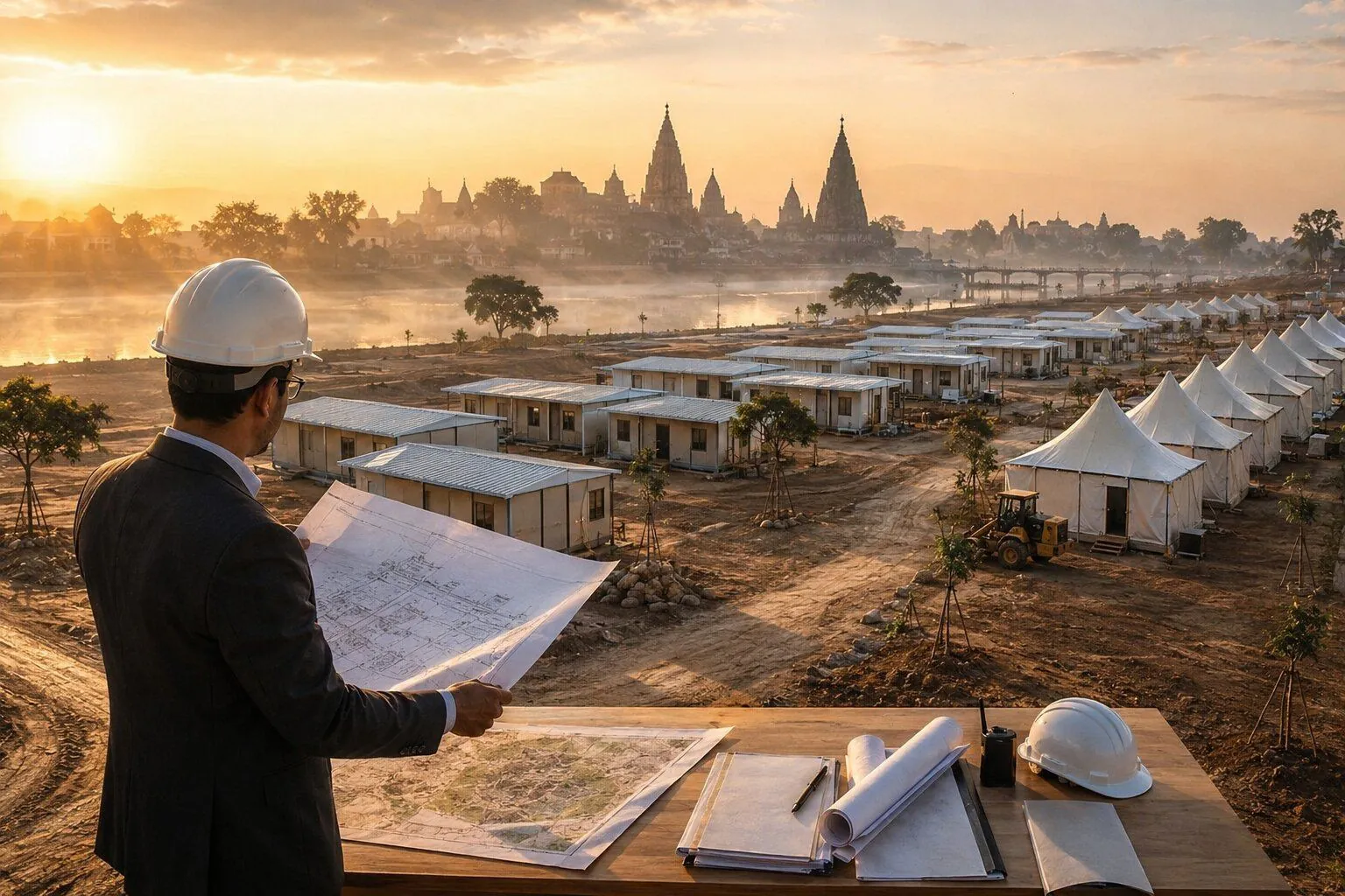 Engineer reviewing site plans overlooking the Ujjain Kumbh 2028 prefabricated camp near the Mahakaleshwar corridor at sunrise
