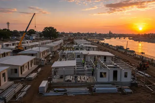 Prefabricated camps under construction along the Shipra riverbank for Ujjain Simhastha 2028 at sunset