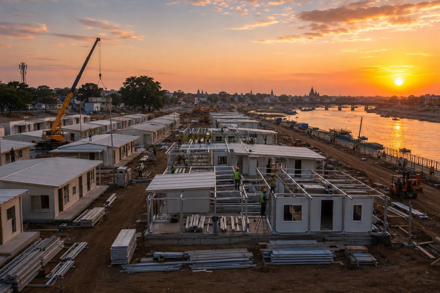 Prefabricated camps under construction along the Shipra riverbank for Ujjain Simhastha 2028 at sunset