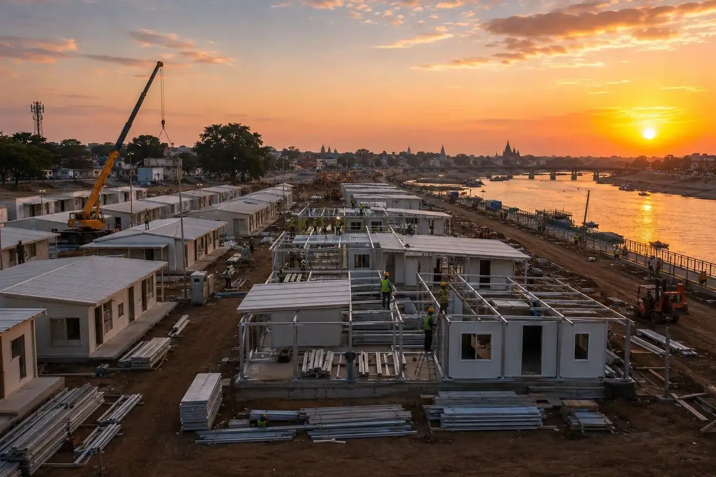 Prefabricated camps under construction along the Shipra riverbank for Ujjain Simhastha 2028 at sunset